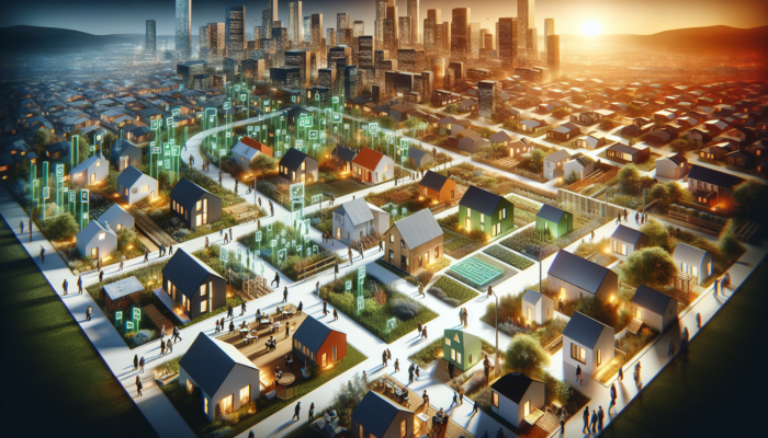 A vibrant Bloemfontein cityscape at dawn, displaying modern eco-friendly homes, diverse buyers reviewing property maps, and signs for government initiatives.