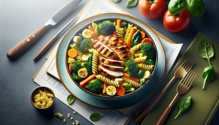 A steaming casserole with whole grain pasta, grilled chicken, and colourful vegetables like broccoli, carrots, and spinach, highlighting nutritional balance.