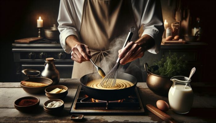 A chef in a cozy kitchen stirs golden roux in a cast-iron pan, whisking butter and flour, with steam rising and fresh herbs nearby.