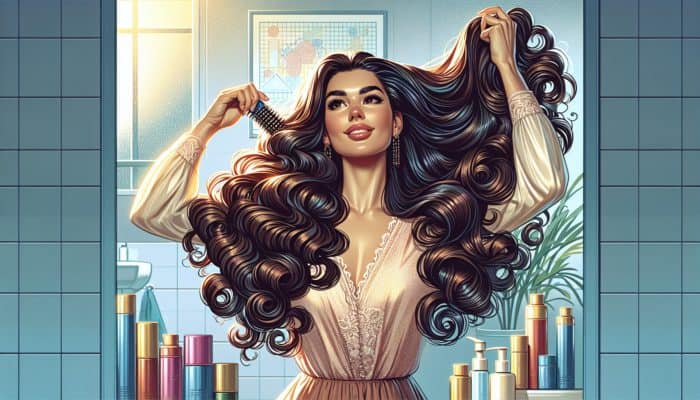 Confident woman in a sunny bathroom applying volumizing products to her long hair while curling sections for voluminous XXL curls.