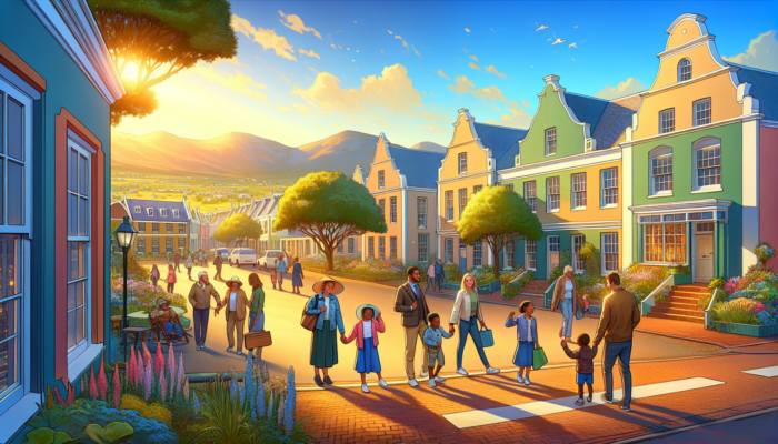A lively street in historic Graaff-Reinet featuring Cape Dutch houses, flourishing gardens, and families walking to school under a sunny sky.
