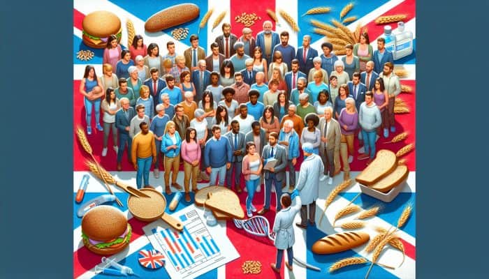 Coeliac Test in Hastings: Illustration of diverse UK people raising Coeliac Disease awareness, examining gluten foods and medical icons like DNA strands and test kits.