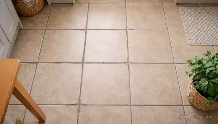 Close-up of darker grout lines contrasting with clean ceramic tiles, affecting overall floor appearance