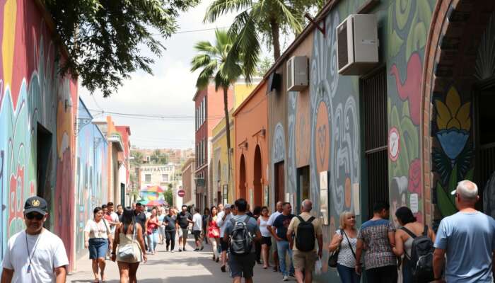 Vibrant street scene in San Miguel de Allende featuring colorful murals and innovative designs, with diverse people admiring the art in an immersive urban environment.