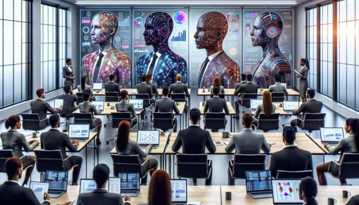 Experts in business attire engaging in discussions about market research training within a seminar room equipped with digital screens and whiteboard charts.