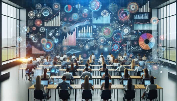 A diverse group of market research trainees in a modern classroom, encircled by digital screens exhibiting overwhelming data, employing tools to filter and visualise information.