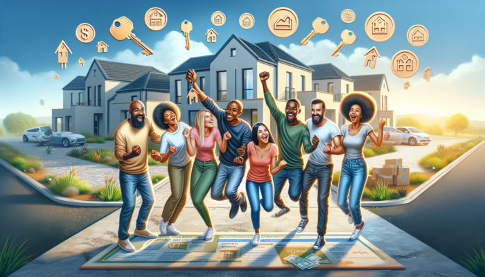 Smiling diverse first-time home buyers in Louis Trichardt celebrate with keys and grant documents outside a modern affordable home under a sunny sky.