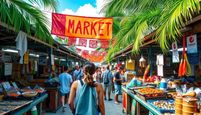 Vibrant market on San Pedro Island, Belize: traveller engages with smiling vendors selling crafts and seafood amid tropical palms and banners.