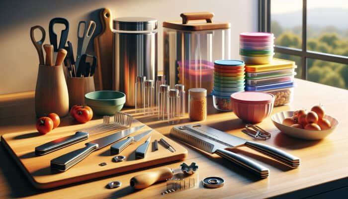 A well-organised kitchen countertop featuring sharp knives on a wooden board, colourful measuring cups, sturdy glass containers, and a can opener in warm light.