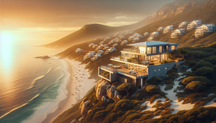 A modern affordable home on a Paarl cliffside with panoramic ocean views, tourists on beaches, and a golden sunset.