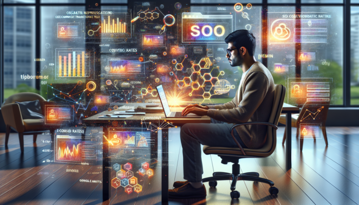 Entrepreneur in Ilchester office analyzes SEO metrics on laptop, showing graphs of organic traffic, conversion rates, and keyword rankings from Google Analytics.