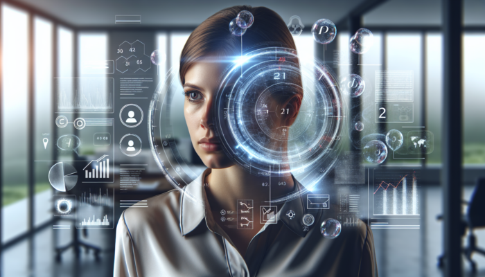 A marketing analyst in a modern office reviews a digital dashboard showing graphs of conversion rates, social media likes, shares, and email click-throughs.