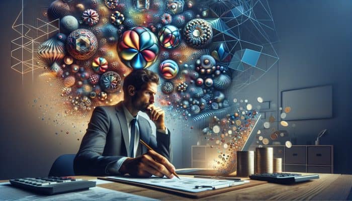 Preparing to Apply for a Debt Consolidation Loan | DCL A professional reviews financial charts on a laptop in a home office, surrounded by coins, bills, a calculator, and looking thoughtful.