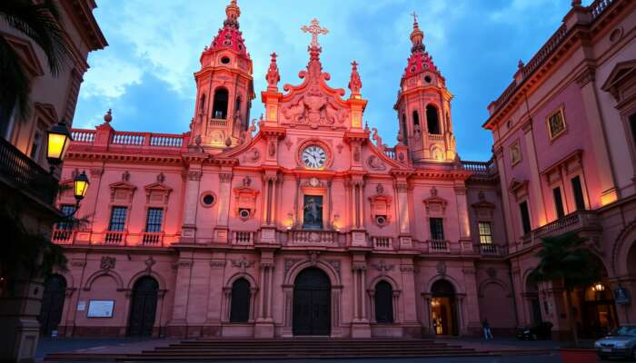 A majestic Baroque church in San Miguel de Allende, with pink stone façades, ornate sculptures, towering spires, and warm evening lights.