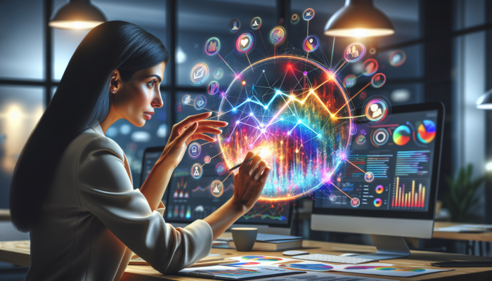 Focused entrepreneur in Verwood, UK, office analyzes Google Analytics dashboard with graphs of traffic, social sources, and rising conversions.