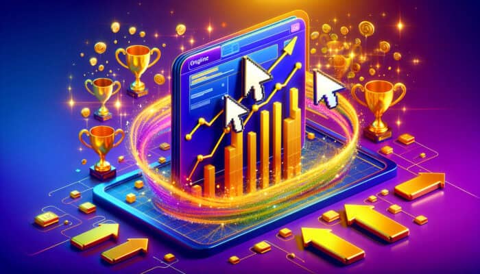 Dynamic digital banner with clicking cursors transforming into rising graphs and golden trophies, illustrating CTR's impact on advertising success.