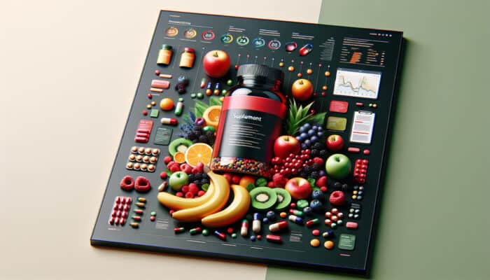 Eye-catching supplement ad displaying colourful pills and fresh fruits in a vibrant modern layout featuring bold red and green colours.