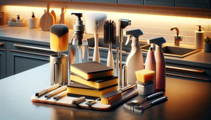 Modern kitchen cleaning tools: ergonomic sponges, multi-functional brushes, and spray bottles on a granite countertop under warm lighting.