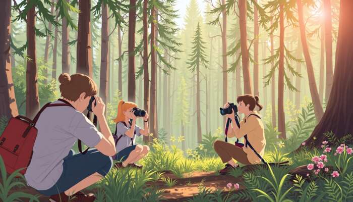 Sunlit forest photography workshop: beginners adjusting camera settings, advanced photographers capturing macro insects and starry landscapes, with instructors guiding.