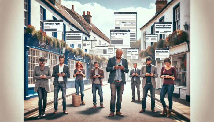 A bustling Painswick street with small business owners viewing mobile-optimized websites on smartphones under a sunny sky.