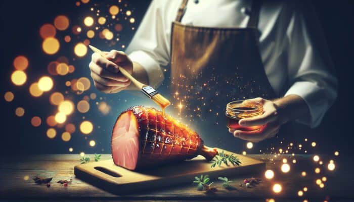 A chef brushes glossy caramelized glaze on a succulent ham on a wooden board, creating a golden crust.