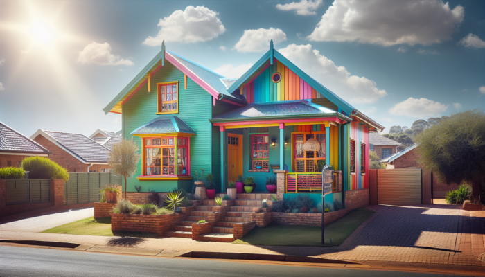 A freshly painted entry-level home in Pretoria's suburbs, featuring vibrant eco-friendly colours that harmonise with the African landscape under a sunny sky.