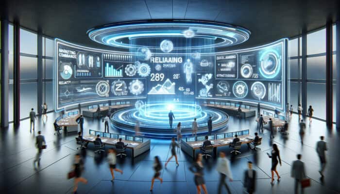 A futuristic command centre with holographic screens showcasing real-time data analysis, as marketers adapt strategies amid digital streams.