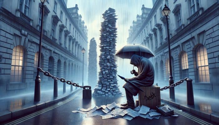 Talking to Your Partner About Debt Problems: A Guide | DCL A weary person hunches under an umbrella on a rainy London street, surrounded by stacks of debt letters and chains, showing anxiety and despair.