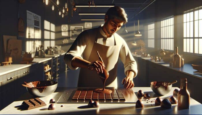 A skilled chocolatier expertly tempers glossy dark chocolate using the tabling technique on a marble slab in a sunlit kitchen.
