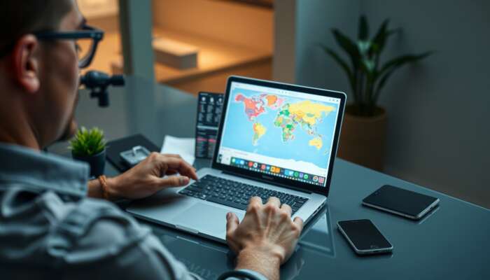 A traveler at a sleek desk organises vacation logistics on a laptop, showing flight bookings, hotel reservations, and a colorful itinerary map.