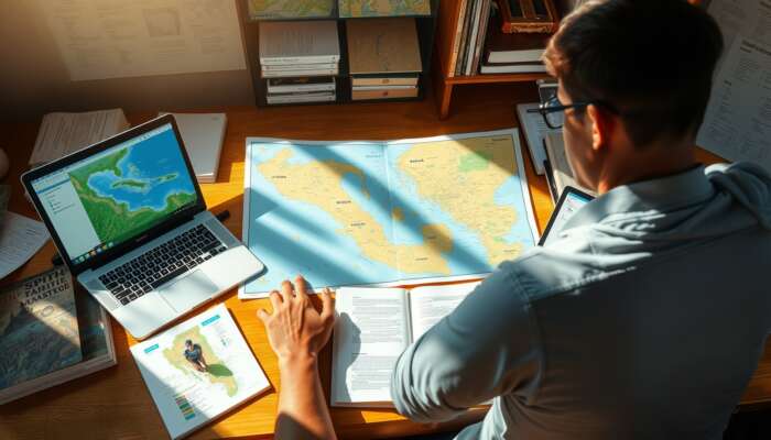 A traveler researches Belize at a sunlit desk, surrounded by vibrant maps, open laptops with forums, and books on local customs.