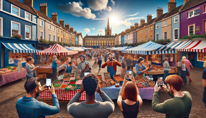 Bustling market square in Midsomer Norton displaying historic Georgian architecture, colourful stalls, and marketers capturing Instagram moments under a sunny sky.