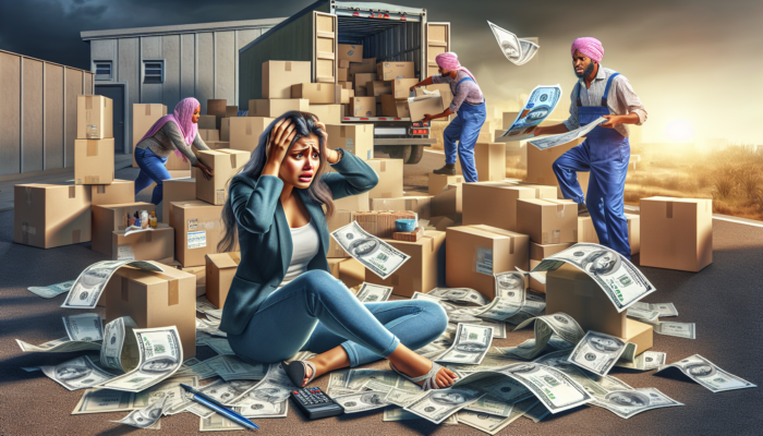 Stressed first-time buyer in Lephalale amid chaotic boxes, movers loading truck, and scattered bills, underestimating costs from R5,000 to R15,000.