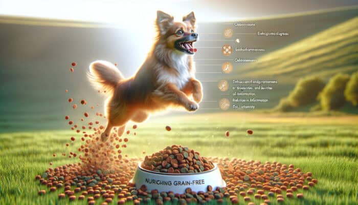 A vibrant dog with glossy fur leaping joyfully in a sunlit meadow beside grain-free kibble, symbolizing enhanced vitality.