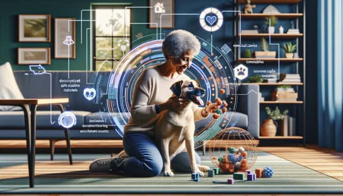 A happy dog plays with interactive toys in a comfortable living room, receiving gentle affection and positive reinforcement from its owner.