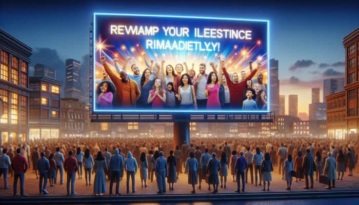 Urban dusk scene: a glowing billboard displays "Transform Your Life Now!" featuring images of diverse individuals achieving success, as a smiling crowd engages below.