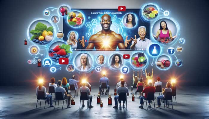 A vibrant ad for health supplements featuring diverse individuals on screens sharing video testimonials, surrounded by glowing reviews and social media icons.