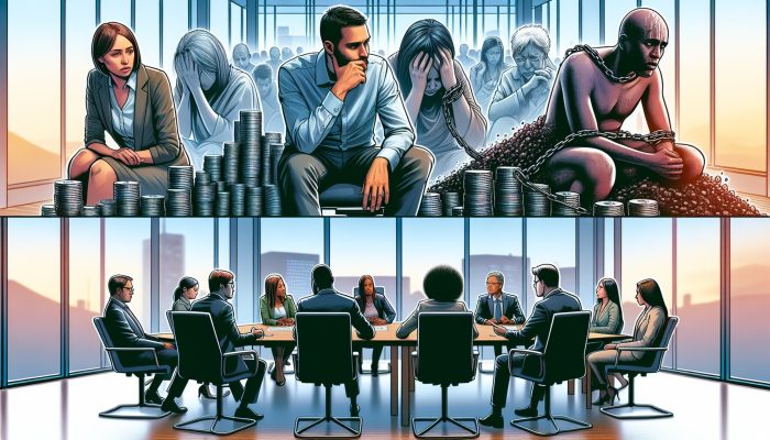 Emotional Impact of Debt and How to Cope: Coping Tips | DCL Diverse experts in a modern conference room discuss debt's emotional toll, showing stressed individuals with bills and chains, contrasted by coping through meditation and therapy.