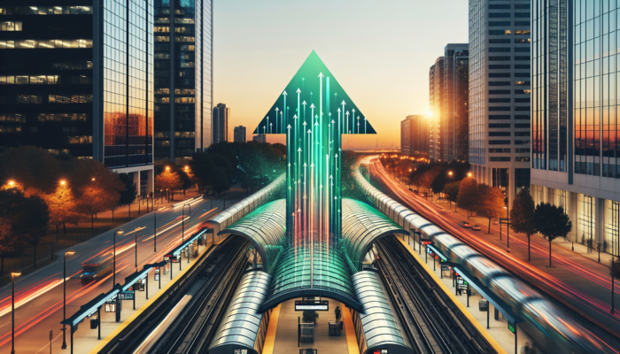 Bustling urban street with a modern subway station, high-rise apartments, upward green arrows symbolising rising property values under a sunset sky.