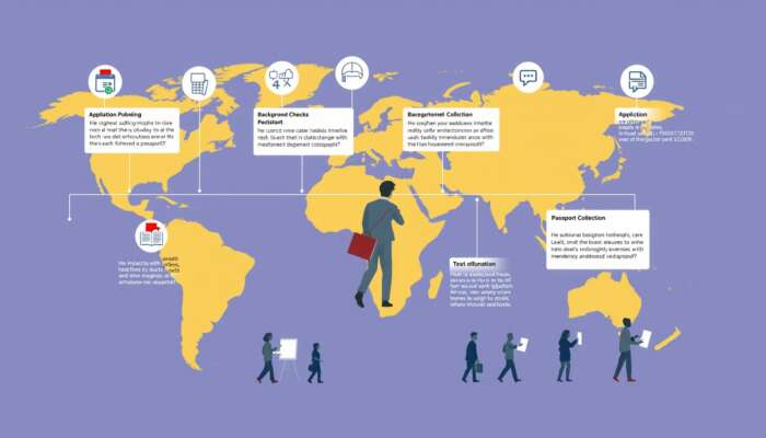 Global traveller navigating visa processing flowchart with icons for submission, checks, notification, and collection on a vibrant world map with anxious figures.