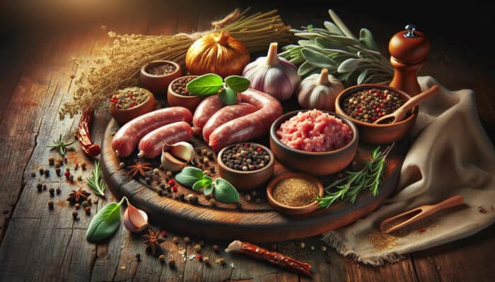 A vibrant still-life of fresh sausage ingredients like ground pork, garlic, and herbs on a rustic board, with golden sausages in warm sunlight.