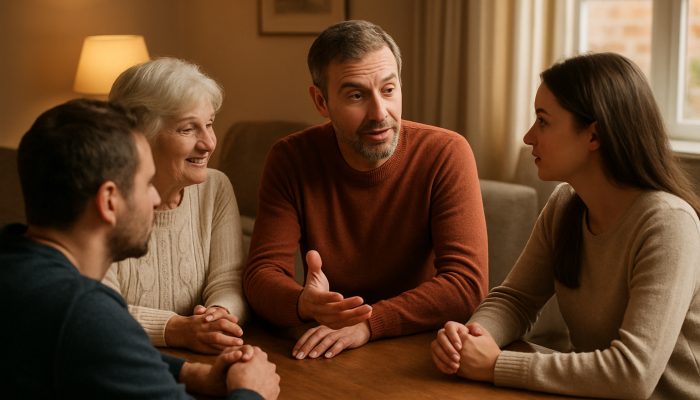 UK family sharing stories around a wooden table, one gesturing animatedly as others listen intently.