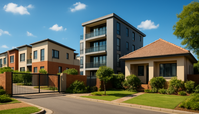Vibrant South African neighbourhood with modern townhouses, urban flats, and duplexes under a sunny sky.