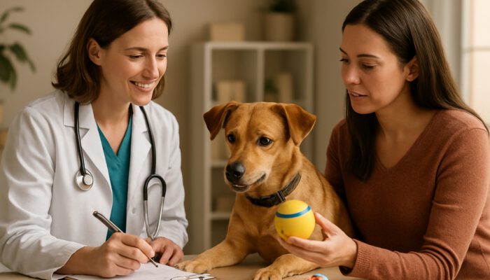 Vet and owner evaluating curious dog's behaviour with notes and toys in clinic.