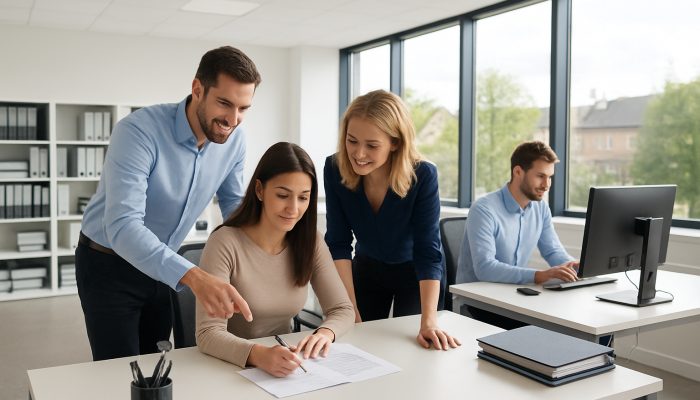 Modern office in Yeovil showcasing immaculate desks, organised files, and focused employees benefiting from ample natural light.