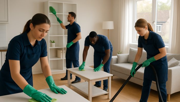 Professional cleaners in uniforms tidying up a bright UK apartment using eco-friendly tools.