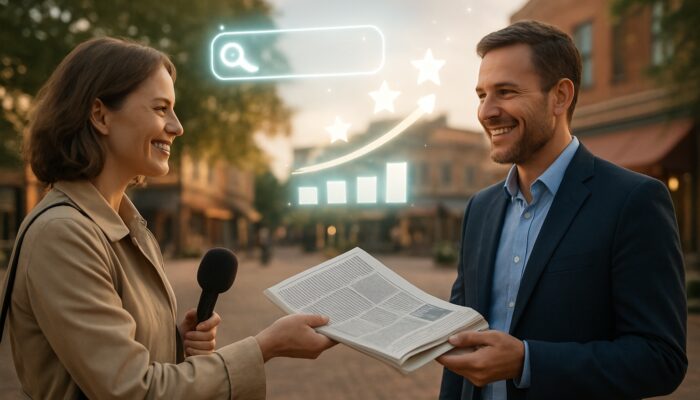 A journalist handing a newspaper to a smiling business owner in a town square, surrounded by glowing SEO icons