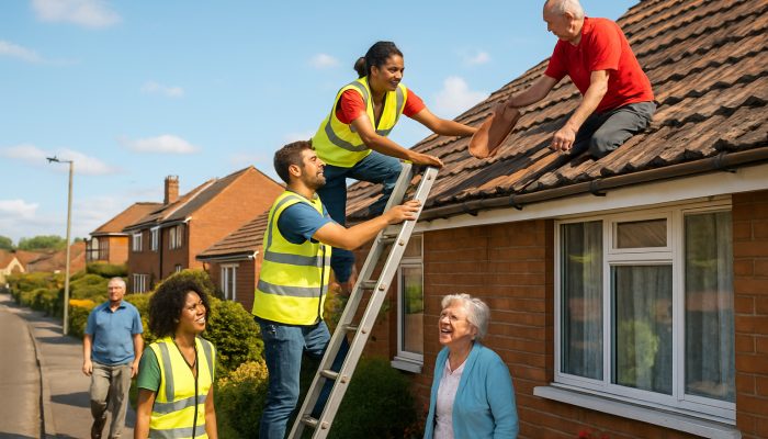 Community Help That Can Free Budget Space: Smart Strategies | DCL Volunteers assisting an elderly neighbour with roof repairs on a sunny UK street, strengthening community bonds and support.