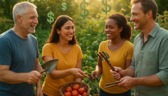 Community Help That Can Free Budget Space: Smart Strategies | DCL Neighbours sharing tools and produce in a sunny community garden to save money with smart strategies.