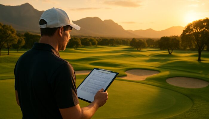 Golfer reviewing membership contract at an elegant South African golf club with picturesque mountain views at sunset.
